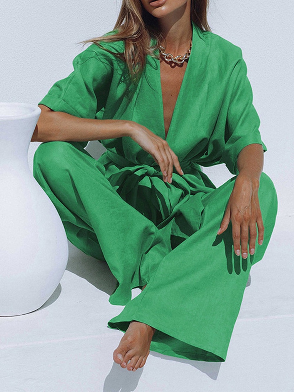 Commense Kelly Green Linen Blend Wrap Tie Two Piece Pants Set Size Small - Picture 3 of 9